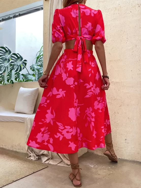 Floral Print Puff Sleeve Cut Out Tie Back Dress - Image 2