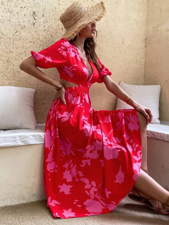 Floral Print Puff Sleeve Cut Out Tie Back Dress - Image 3