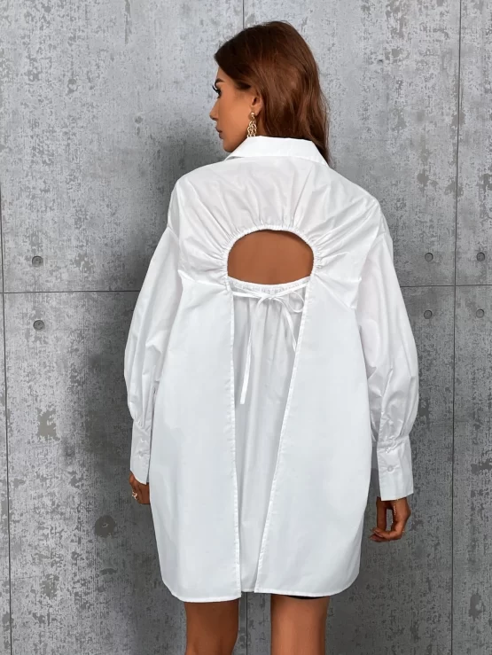 Solid Cut Out Tie Back Drop Shoulder Shirt - Image 3