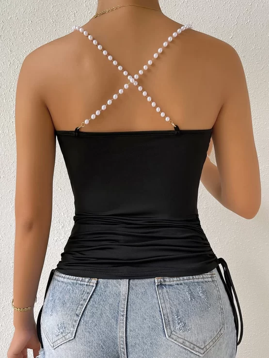 Pearl Beaded Strappy Detail Cowl Neck Ruched Cami Top - Image 3