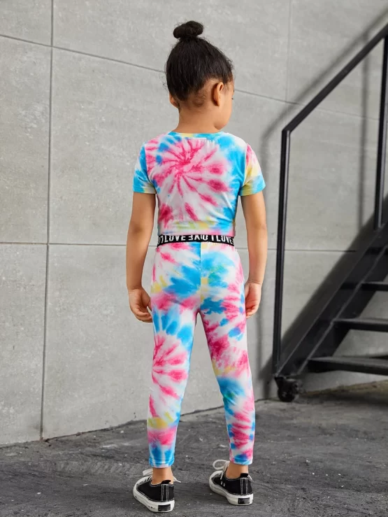 Toddler Girls Tie Dye Slogan & Butterfly Print Top & Letter Tape Leggings - Image 2