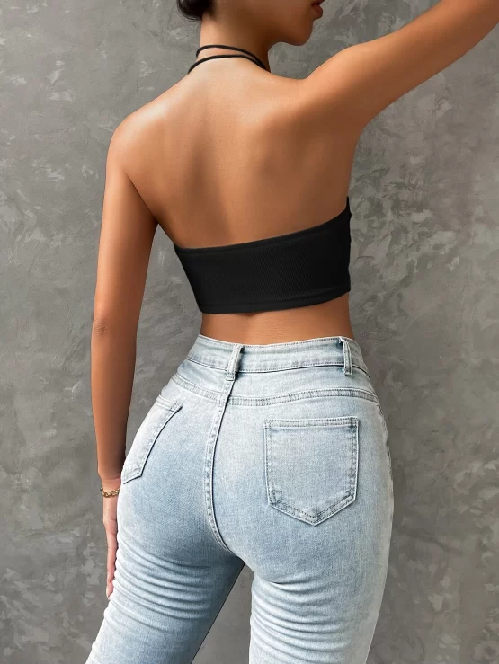 Asymmetrical Plain Sexy Crop Hem Halter Top - Image 7