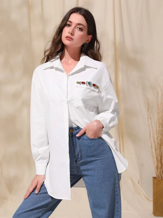 Mulvari Rhinestone Detail Flap Pocket Drop Shoulder Shirt Without Belt - Image 2