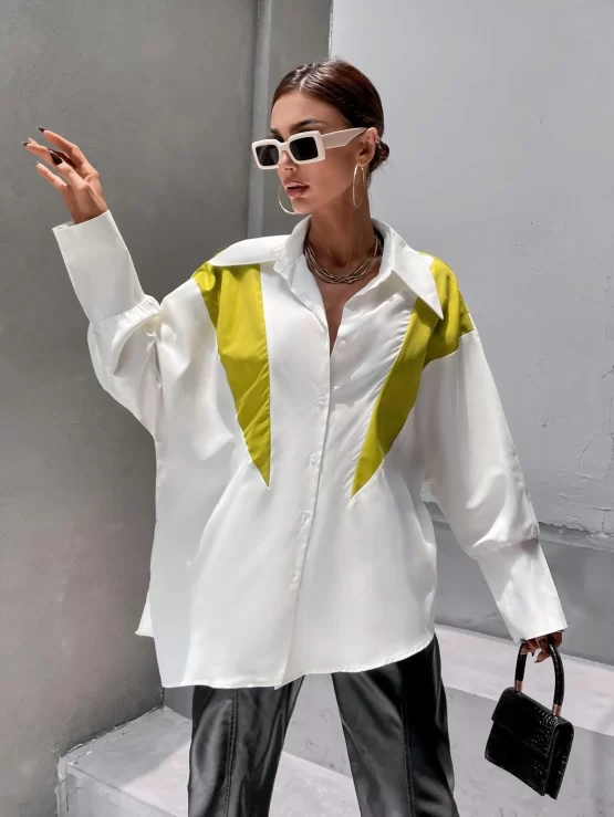Color Block Batwing Sleeve Oversized Hem Shirt - Image 2