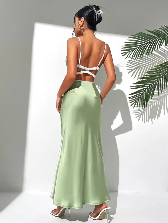 Solid Backless Cut Out Satin Cami Dress - Image 2