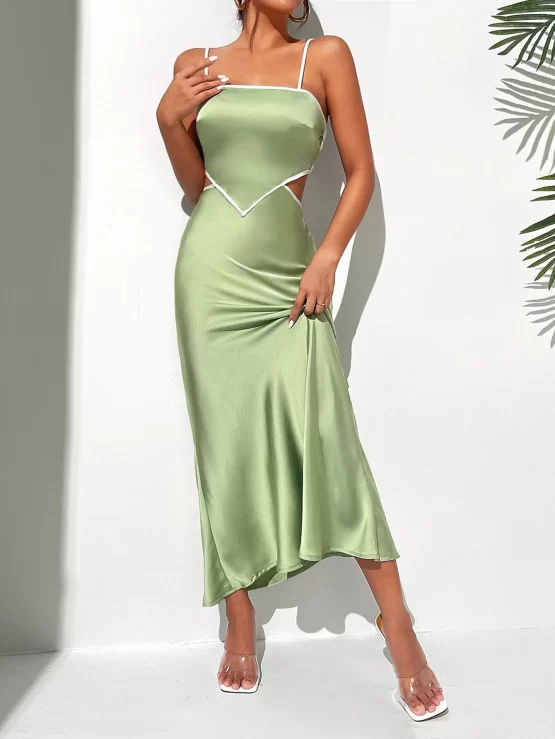 Solid Backless Cut Out Satin Cami Dress - Image 3