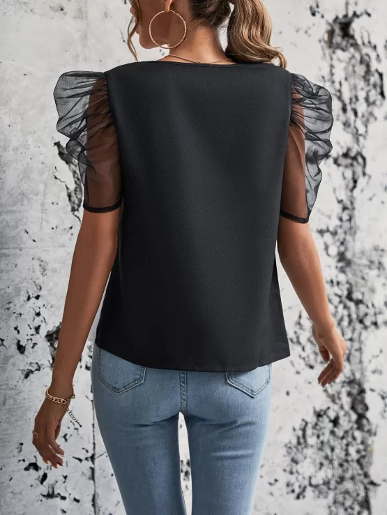 EMERY ROSE Two Tone Mesh Puff Asymmetrical Hem Sleeve Blouse - Image 3