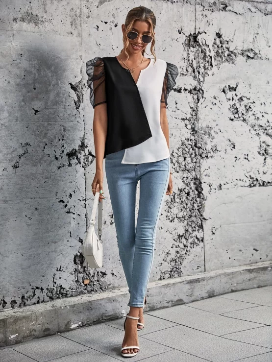 EMERY ROSE Two Tone Mesh Puff Asymmetrical Hem Sleeve Blouse - Image 2