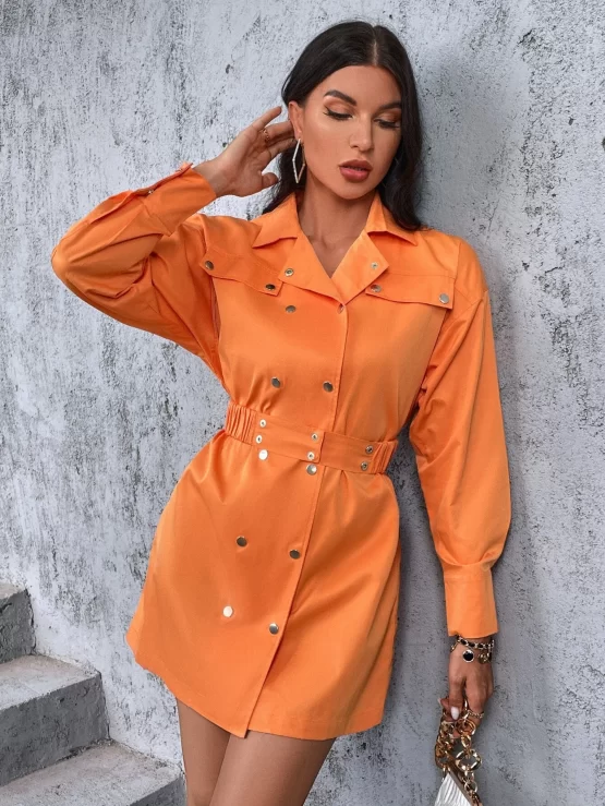 Solid Lapel Collar Double Breasted Shirt Dress - Image 2