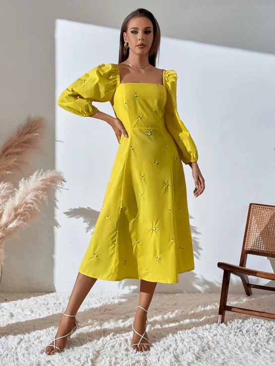 Floral Embroidery Square Neck Tie Back Puff Sleeve Dress - Image 3