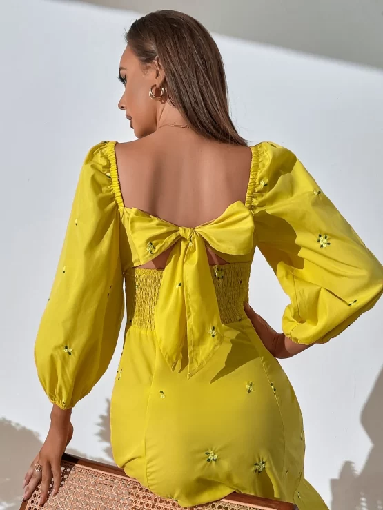 Floral Embroidery Square Neck Tie Back Puff Sleeve Dress - Image 2