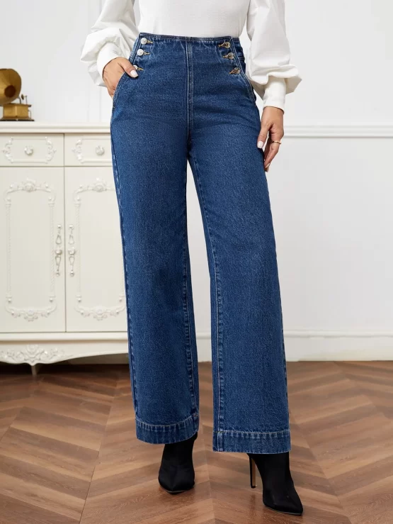 High Waist Button Detail Straight Leg Jeans - Image 2