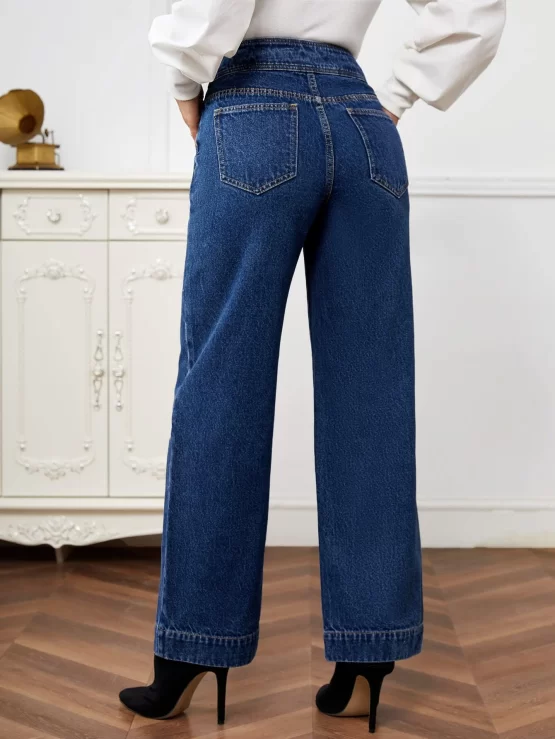 High Waist Button Detail Straight Leg Jeans - Image 3