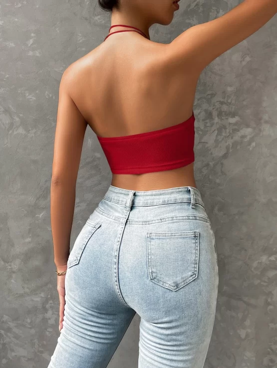 Asymmetrical Plain Sexy Crop Hem Halter Top - Image 5