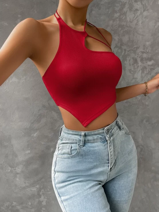 Asymmetrical Plain Sexy Crop Hem Halter Top - Image 4