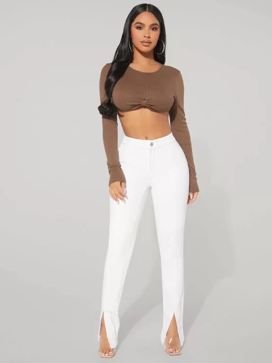 Button Split Zipper Fly Hem Skinny Jeans - Image 2