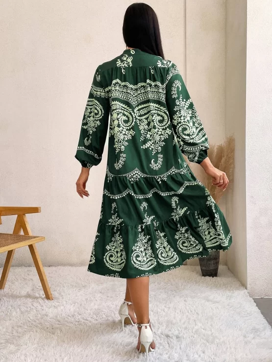 Floral Print Lantern Sleeve Layered Hem Smock Dress Without Belt - Image 2