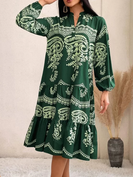 Floral Print Lantern Sleeve Layered Hem Smock Dress Without Belt - Image 3