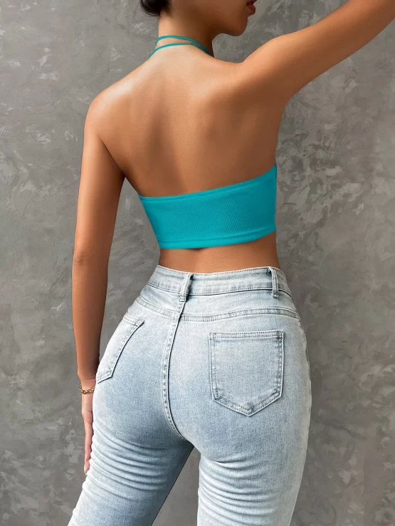 Asymmetrical Plain Sexy Crop Hem Halter Top - Image 3