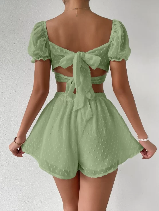 Swiss Dot Twist Front Puff Sleeve Tie Back Crop Top & Shorts - Image 6