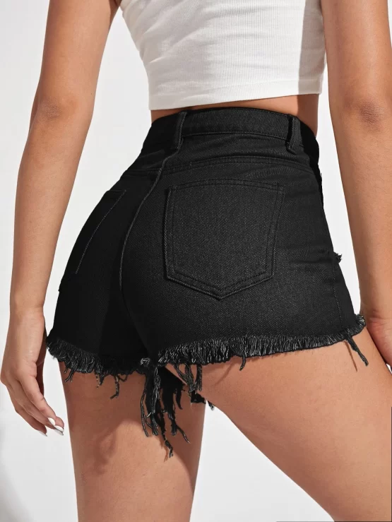 Raw Hem Button Pocket Ripped Denim Shorts - Image 5