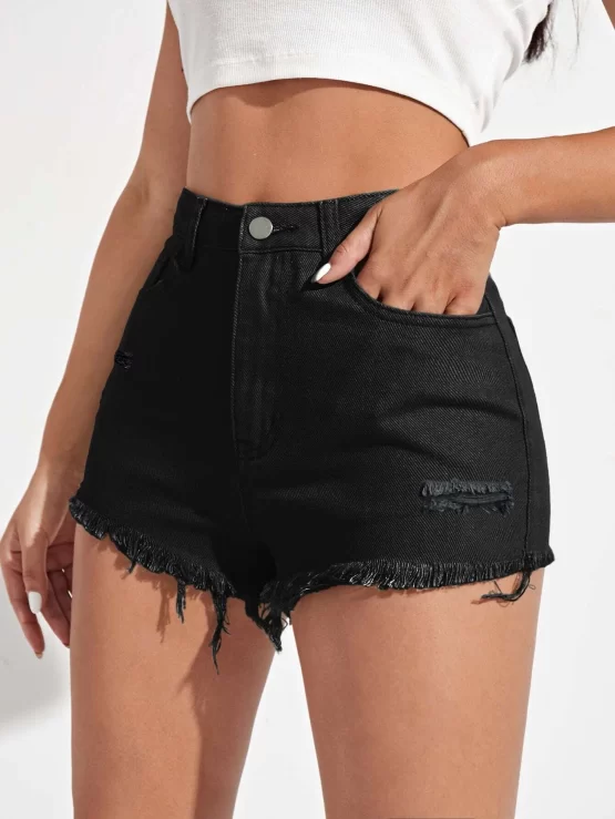 Raw Hem Button Pocket Ripped Denim Shorts - Image 4