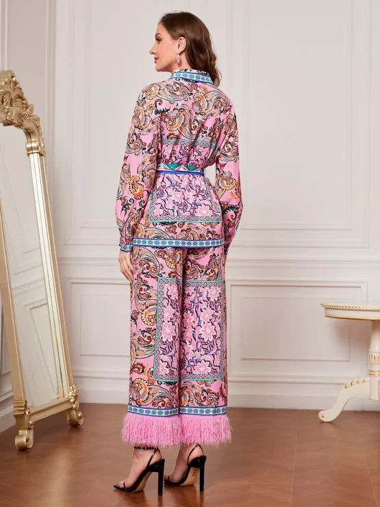 Modely Paisley Print Floral Belted Shirt & Fuzzy Trim Wide Leg Pants - Image 3