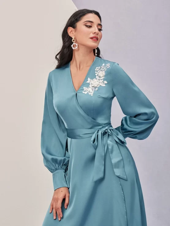 Modely Appliques Lantern Sleeve Belted Dress - Image 2