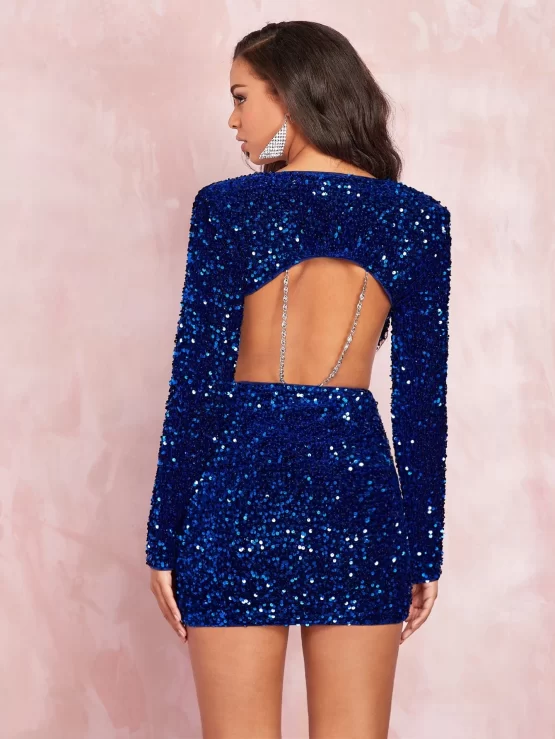 BAE Plunging Neck Open Back Sequin Bodycon Dress - Image 2