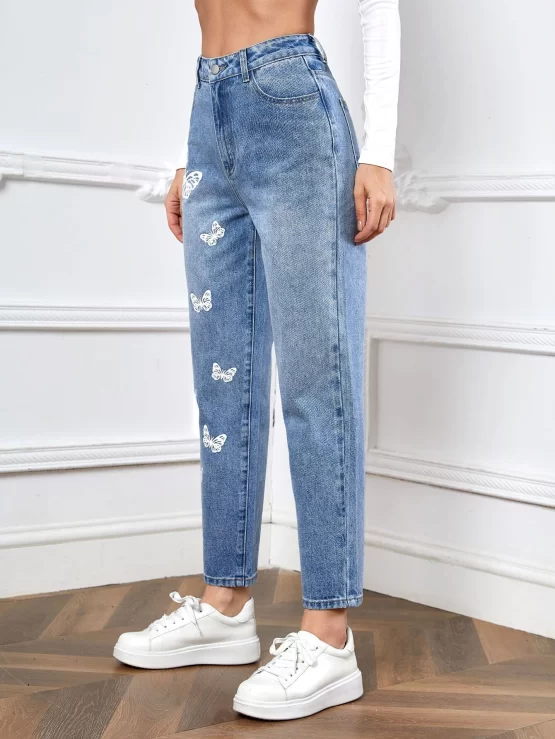 Butterfly Print Zipper Fly Straight Leg Jeans - Image 3