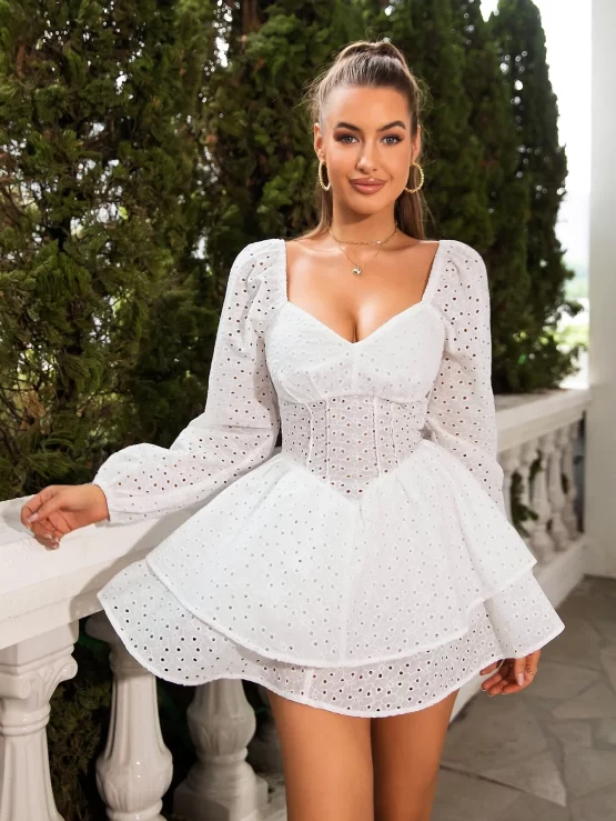D&M Sweetheart Neck Lantern Sleeve Two Layer Schiffy Hem Dress - Image 2