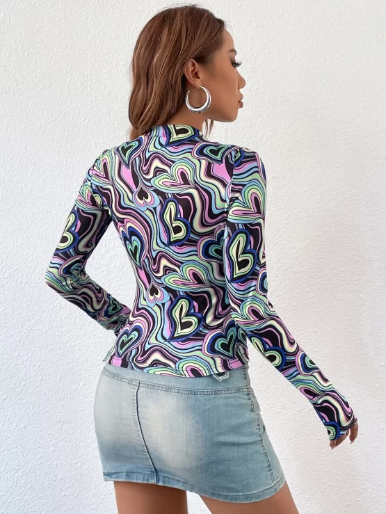 Heart Print Slim Fit Collar Mock Neck Tee - Image 3