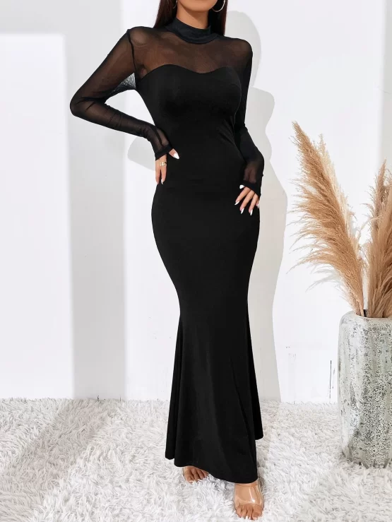 BAE Contrast Mesh Mock Neck Mermaid Hem Dress - Image 3