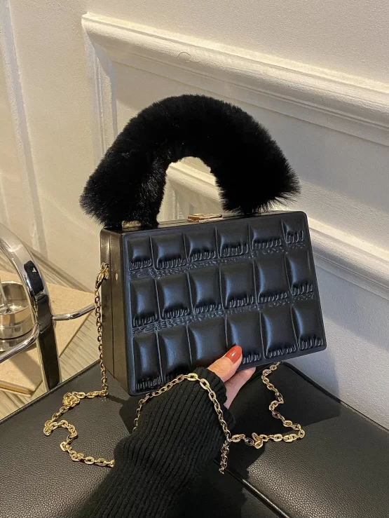 Mini Crocodile Embossed Fluffy Handle Box Bag - Image 2
