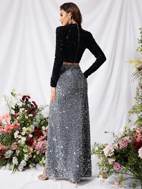 Mock Neck Crop Sequin Top & Split Thigh Skirt - Image 2