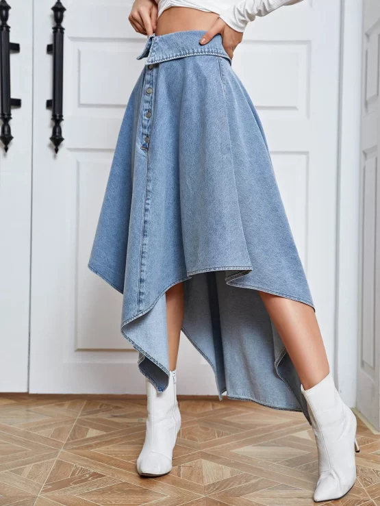 Flipped Waist Button Front Asymmetrical Hem Denim Skirt - Image 3