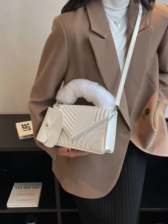Quilted Fuzzy Handle Flap Square Bag With Coin Purse - Image 3