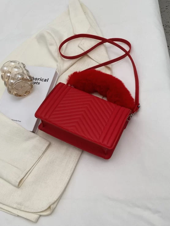 Quilted Fuzzy Handle Flap Square Bag With Coin Purse - Image 5