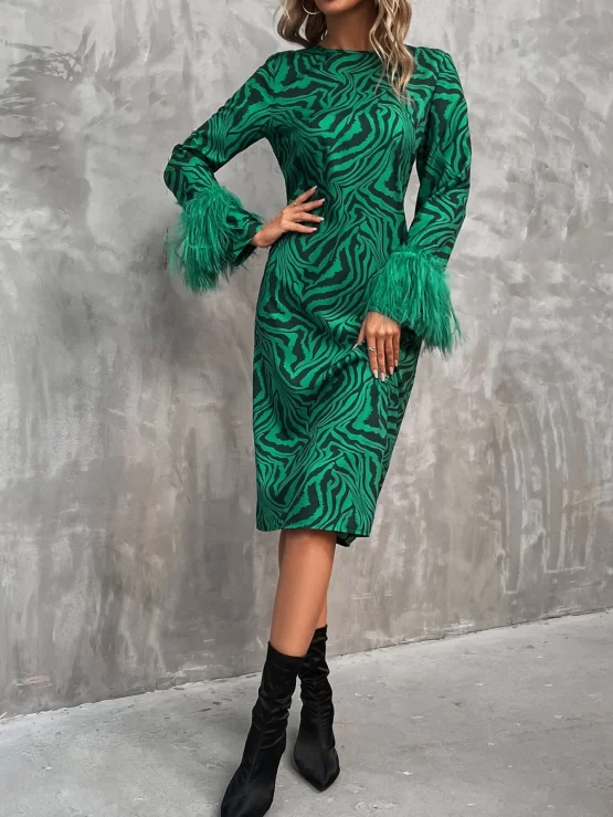 Zebra Fuzzy Cuff Striped Dress Without Belt - Image 3
