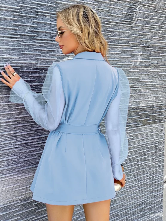 Belted Contrast Mesh Sleeve Blazer Button Dress - Image 6