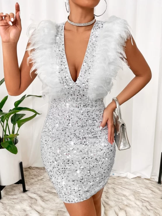 BAE Sexy Fuzzy Trim Sequin Bodycon Dress - Image 2