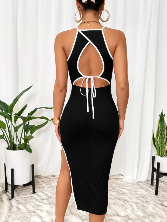 Unity Contrast Binding Split Thigh Tie Backless Dress - Image 3
