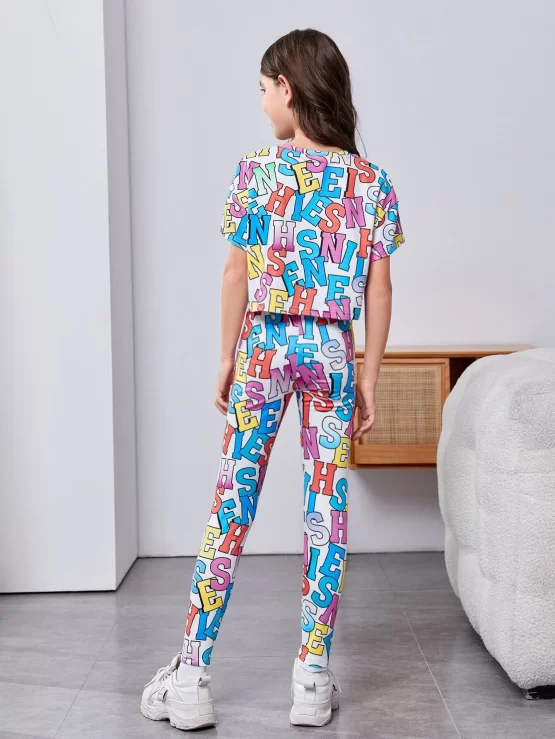 Girls Letter All Over Print Graphic Tee & Leggings - Image 3