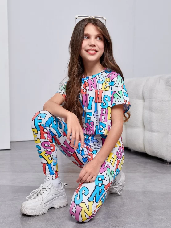 Girls Letter All Over Print Graphic Tee & Leggings - Image 2