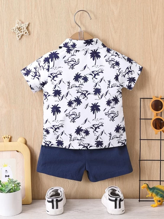Baby Coconut Tree & Dinosaur Print Patched Pocket Shirt & Shorts Without Tee - Image 2
