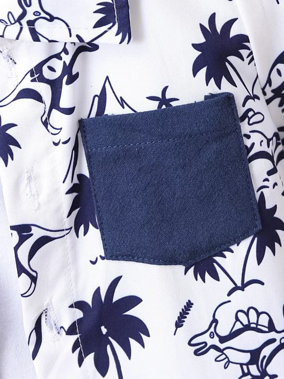 Baby Coconut Tree & Dinosaur Print Patched Pocket Shirt & Shorts Without Tee - Image 3