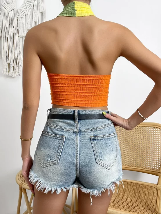 Two Tone Cross Wrap Backless Halterneck Knit Crop Top - Image 2