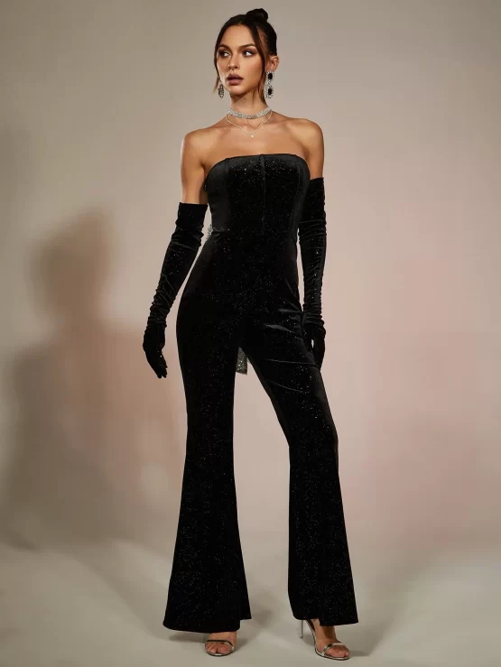 Bow Backless Glitter Flare Leg Jumpsuit With Arm Sleeves - Image 2