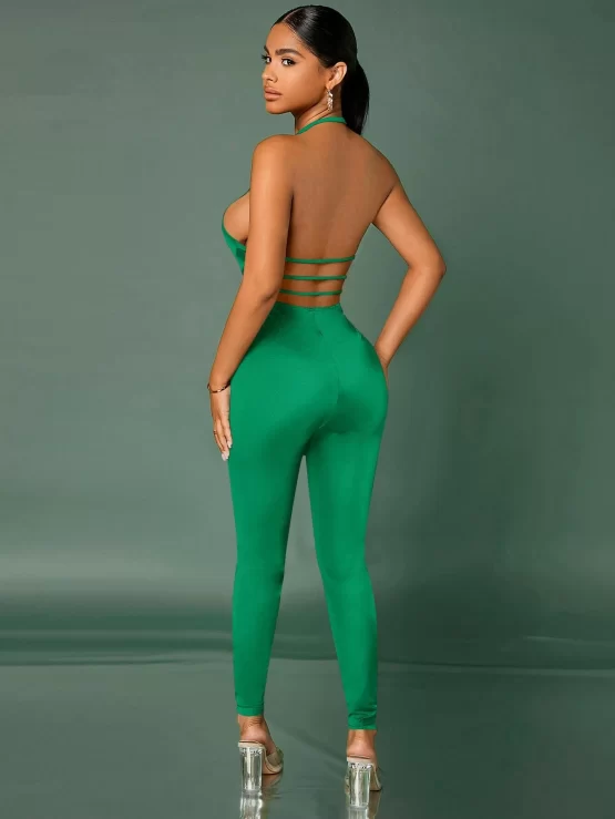 Cut Out Plunging Neck Halter Backless Jumpsuit - Image 2