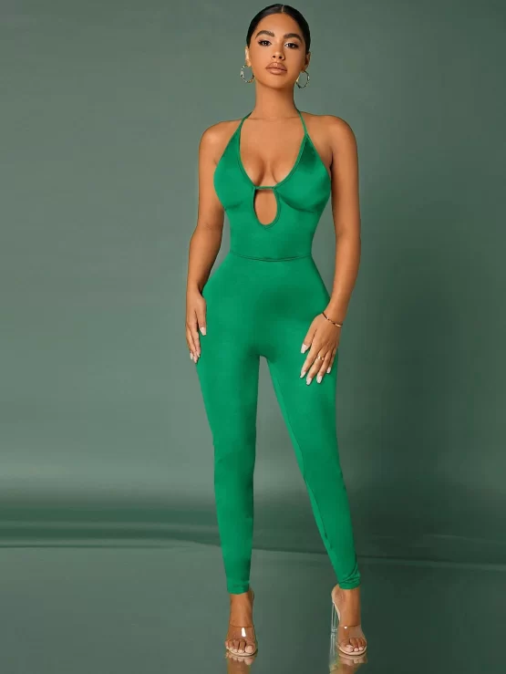 Cut Out Plunging Neck Halter Backless Jumpsuit - Image 3